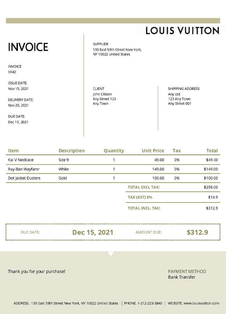USA Louis Vuitton invoice template PSD template